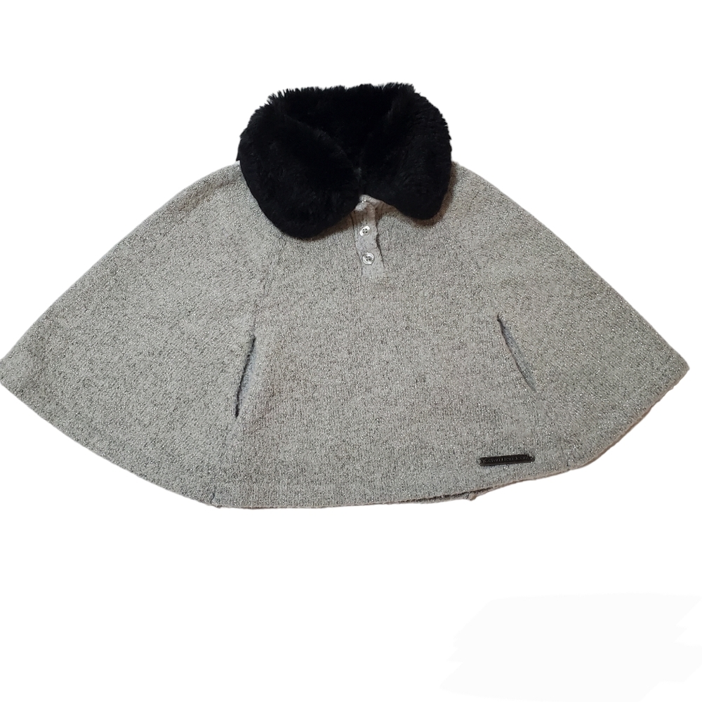 Calvin Klein 12M Girls Gray Removable Faux Fur Collar Cape Silver Glitter